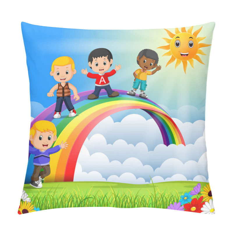 Personality  Happy Kids Standing Over The Rainbow Pillow Covers