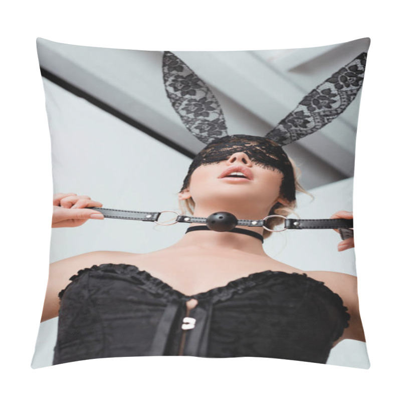 Personality  Low Angle View Of Blindfolded Woman In Rabbit Mask And Corset Holding Gag Pillow Covers