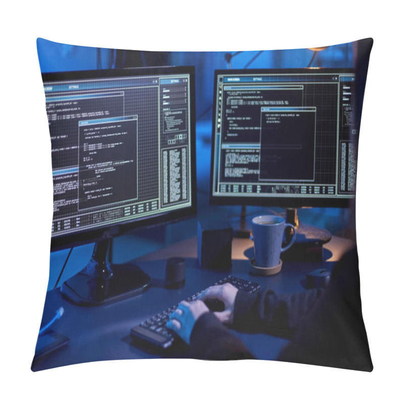 Personality  Cybercrime, Hacking And Technology Concept - Close Up Of Female Hacker In Dark Room Writing Code Or Using Computer Virus Program For Cyber Attack Pillow Covers