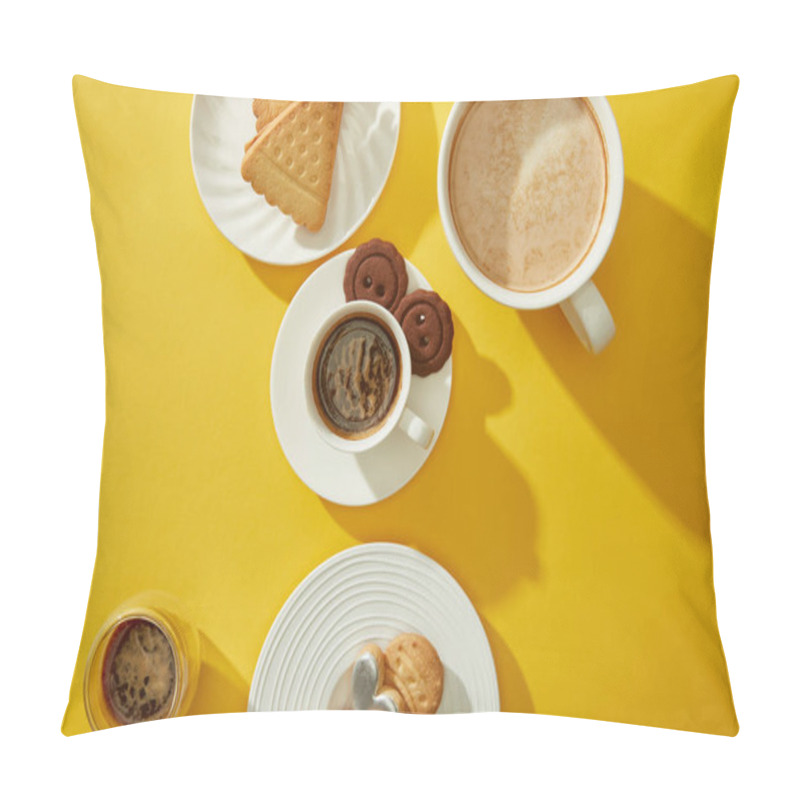 Personality  Top View Of Cups And Glass Of Fresh Coffee With Cookies And Biscuits On Yellow Background Pillow Covers