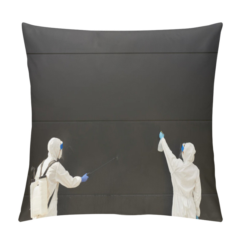 Personality  Wide Angle View At Two Workers Wearing Protective Gear And Spraying Chemicals Over Black Building Facade During Disinfection Or Cleaning, Copy Space Pillow Covers