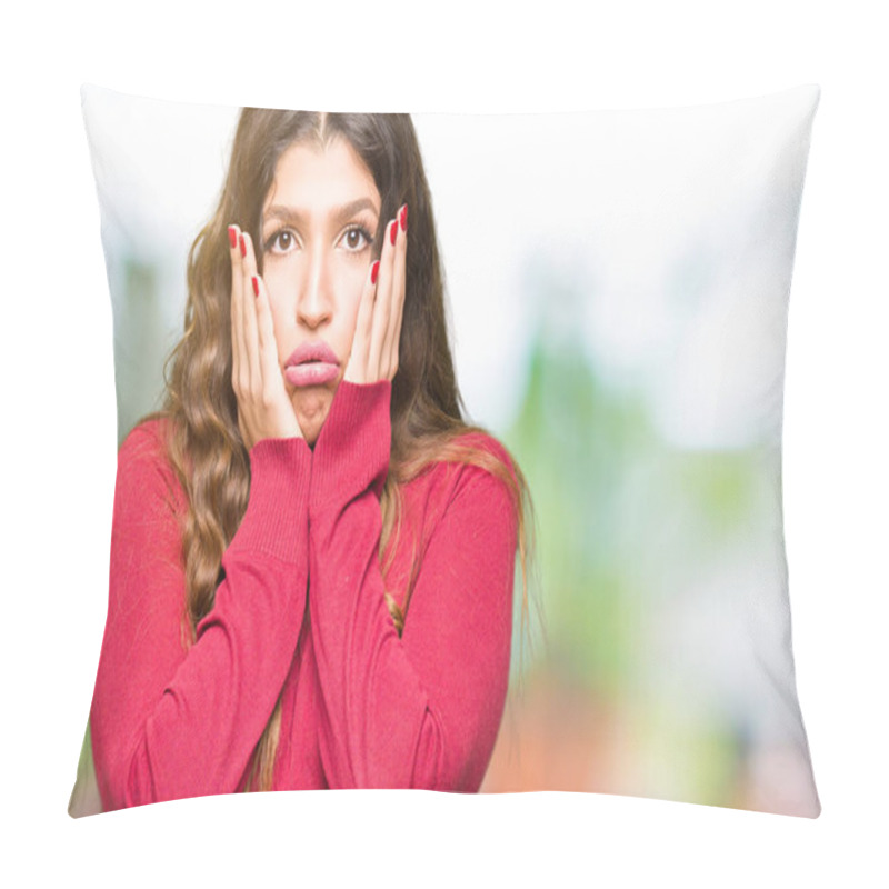 Personality  Young Beautiful Woman Wearing Red Sweater Tired Hands Covering Face, Depression And Sadness, Upset And Irritated For Problem Pillow Covers