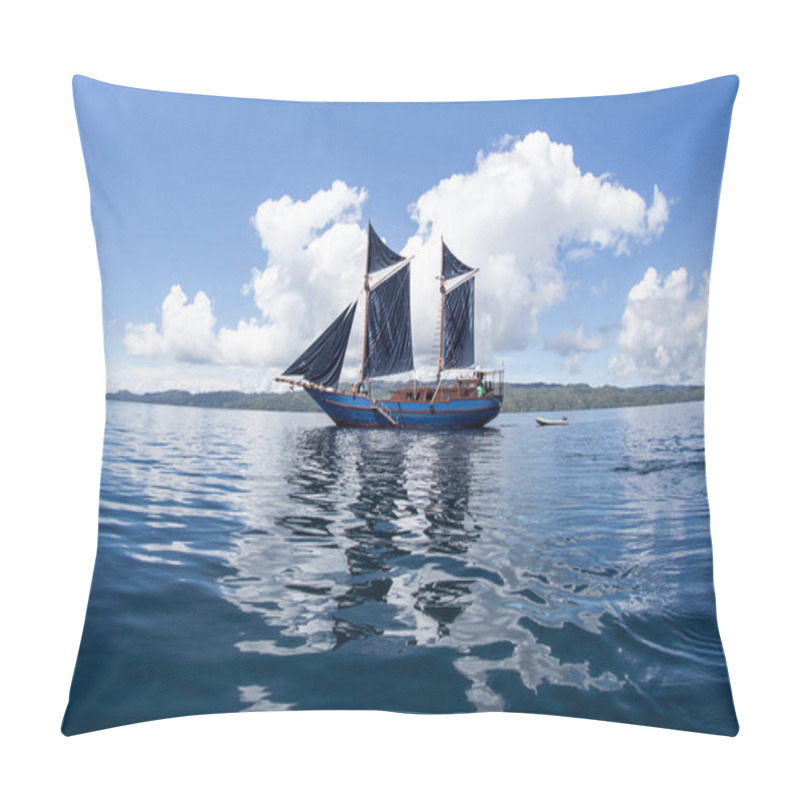 Personality  A Beautiful Pinisi Schooner Sails In The Calm Waters Of Raja Ampat, Indonesia. This Remote, Tropical Region Is Known As The Heart Of The Coral Triangle Due To Its Incredible Marine Biodiversity. Pillow Covers