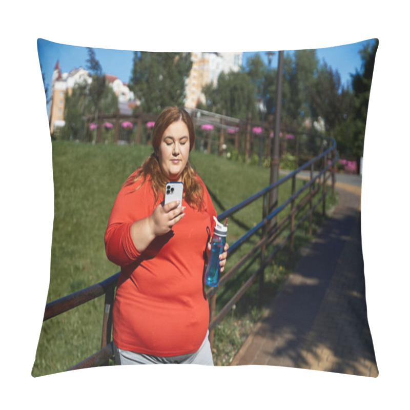 Personality  A Plus Size Woman Checks Her Phone While Exercising Outdoors In A Vibrant Park. Pillow Covers