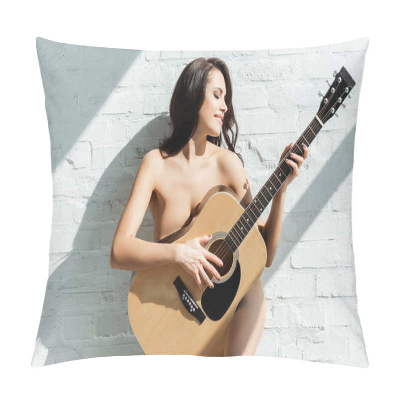 Personality  Beautiful Naked Woman Smiling While Playing Acoustic Guitar Near White Brick Wall At Home  Pillow Covers