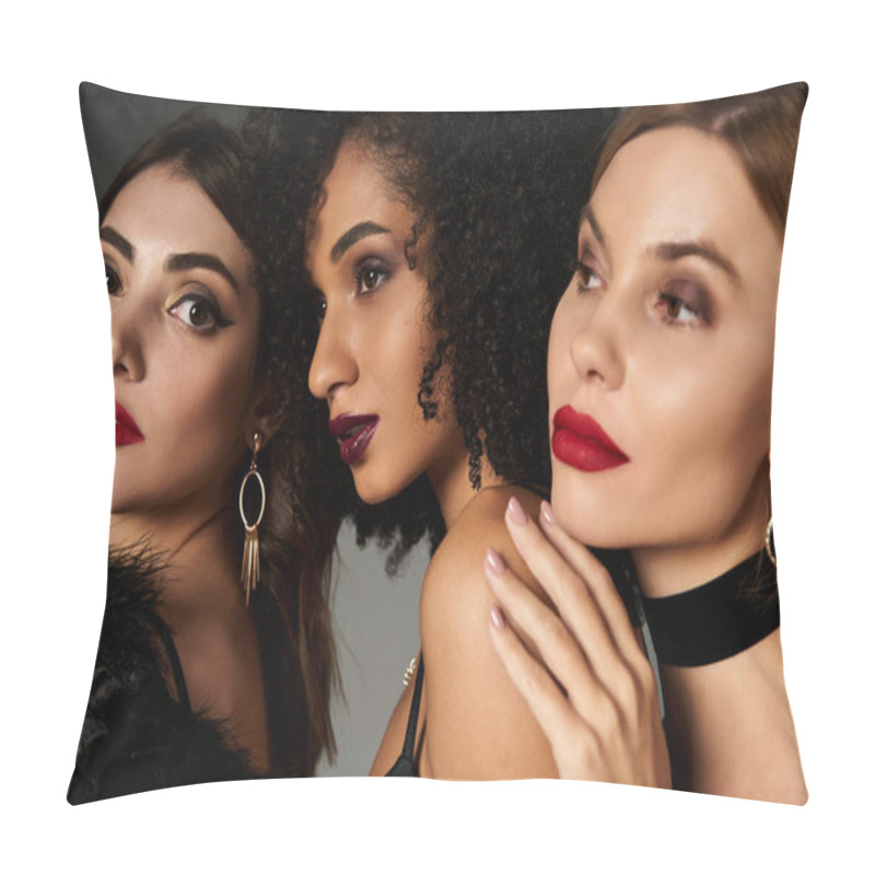 Personality  Three Stunning Women, Diverse In Culture, Strike Poses In Elegant Black Attire And Striking Red Lipstick Against A Grey Backdrop. Pillow Covers