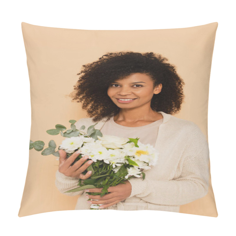 Personality  African American Woman Holding Bouquet Of Daisies And Looking At Camera Isolated On Beige Pillow Covers