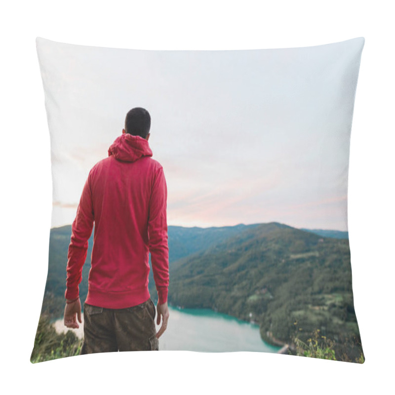 Personality  Young Man Enjoying The View Of The Lake In Sunset Pillow Covers