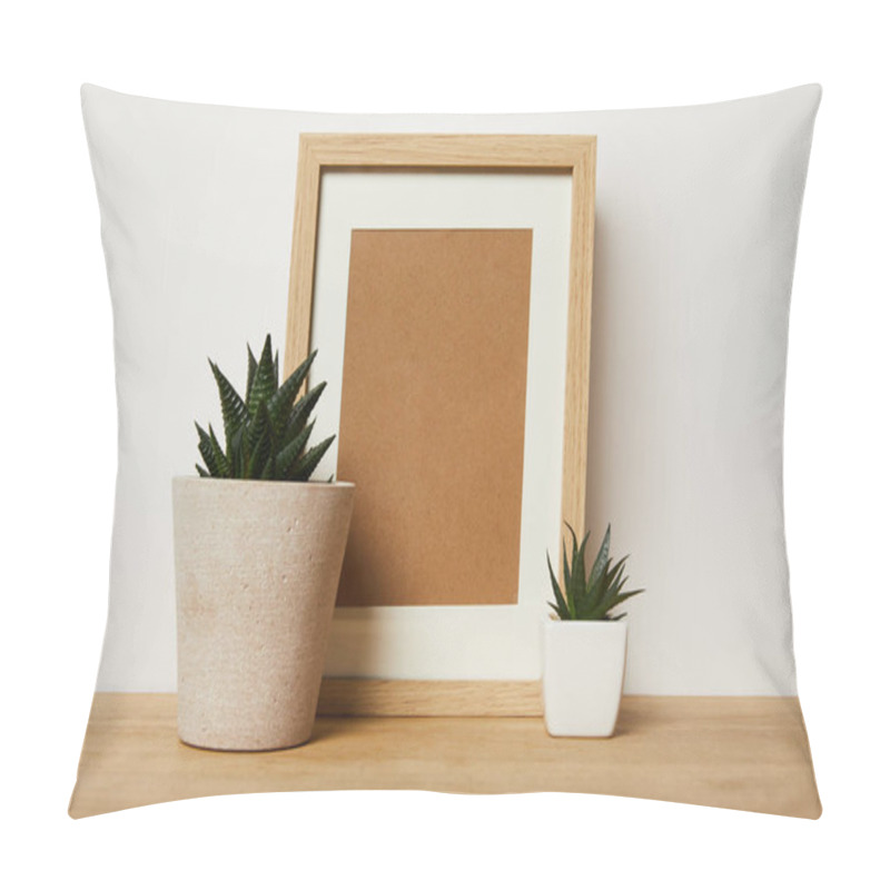 Personality  Blank Decorative Frame Near Green Plants In Pots At Home Pillow Covers