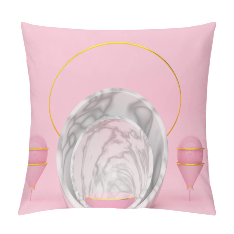 Personality  Podium Empty With Geometric Shapes In Pink Pastel Composition For Modern Stage Display And Minimalist Mockup ,abstract Showcase Background ,Concept 3d Illustration Or 3d Render Pillow Covers