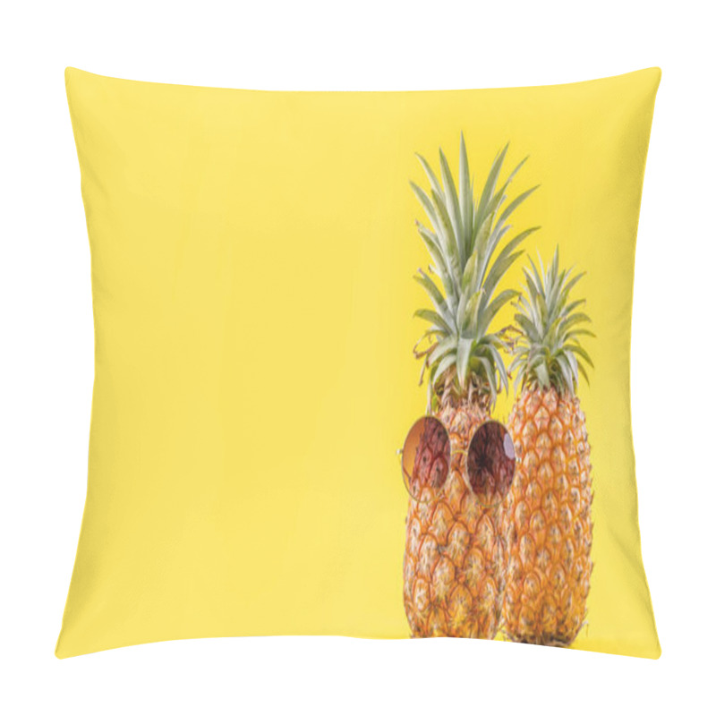 Personality  Creative Pineapples With Sunglasses Isolated On Yellow Background, Summer Vacation Beach Idea Design Pattern, Copy Space, Close Up, Blank For Text Pillow Covers