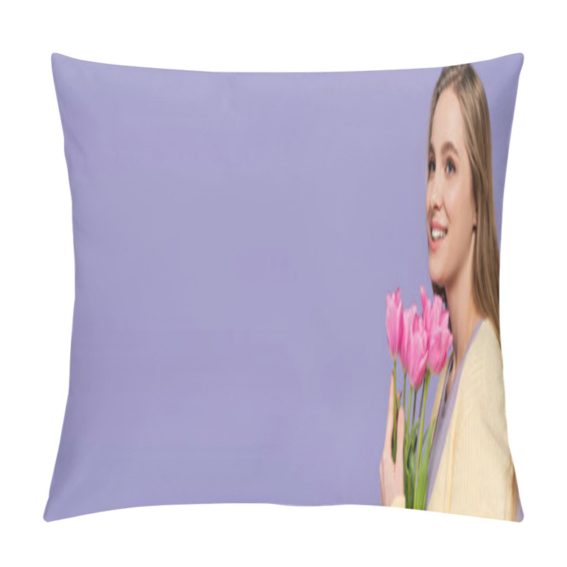 Personality  Cheerful Young Woman Holding Pink Tulips Isolated On Purple, Banner Pillow Covers