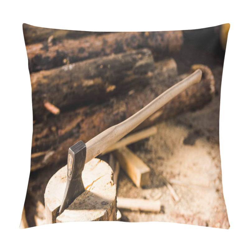 Personality  Close Up View Of Sticking Axe In Log At Sawmill  Pillow Covers