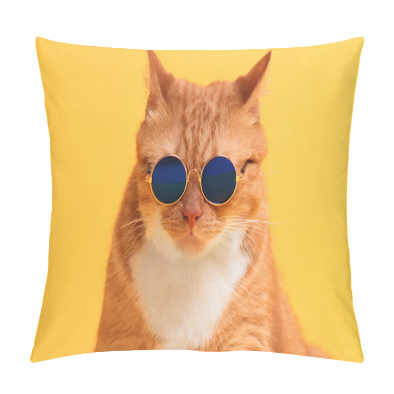 Personality  Portrait Of Cute Ginger Cat In Stylish Sunglasses On Yellow Background Pillow Covers