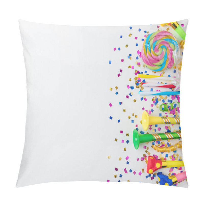 Personality  Colorful Celebration Background With Various Party Confetti, Streamers And Decoration. Minimal Party Concept. Flat Lay. Pillow Covers