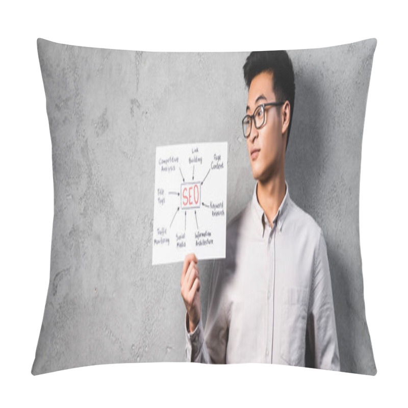 Personality  Panoramic Shot Of Asian Seo Manager Holding And Looking At Paper With Concept Words Of Seo  Pillow Covers