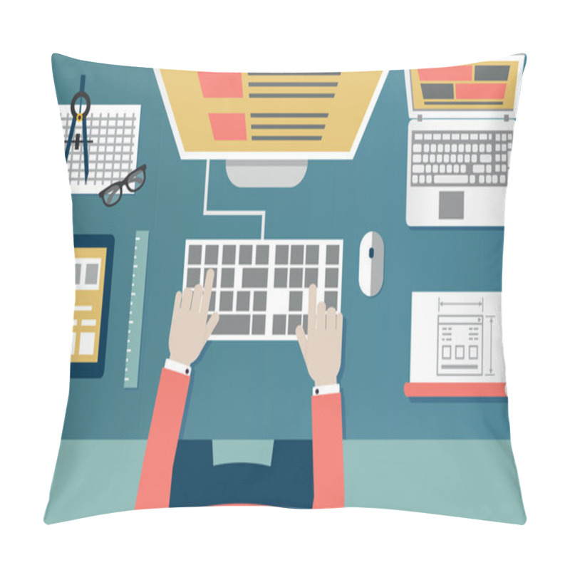 Personality  Vector Flat Illustration Of Process Programming And Coding. Web Development And Equipment  Pillow Covers