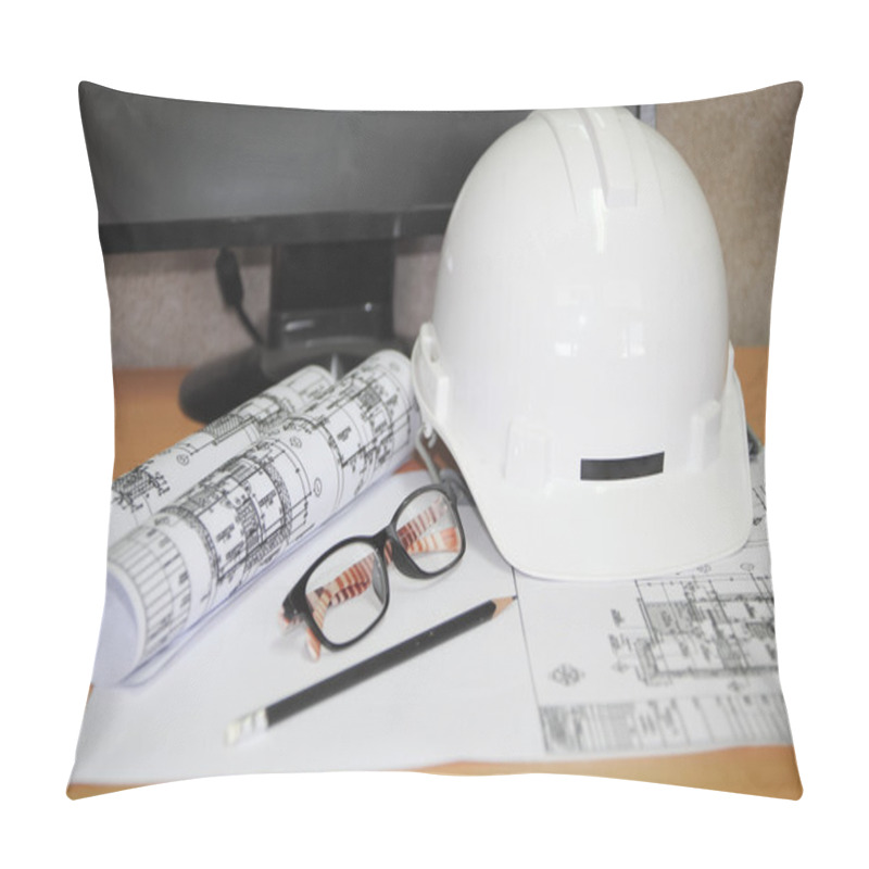 Personality  File Of Safety Helmet And Architect Plant On Wood Table Pillow Covers