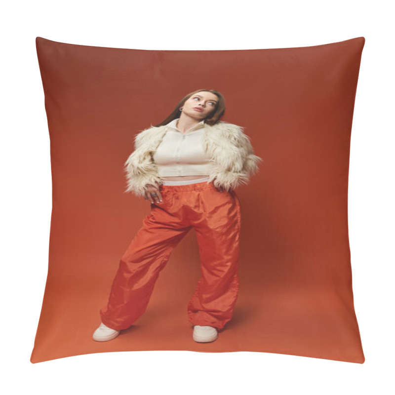 Personality  A Stylish Woman Exudes Confidence With Her Vibrant And Unique Fashion Choices. Pillow Covers