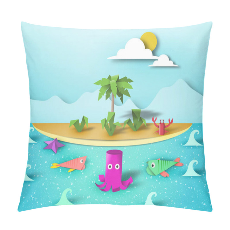 Personality  Paper Origami Summer Scene, Childish Creative 3D Elements, Artistic Summer Composition, Made Template With Style Symbols For Banner, Card, Poster, Cut Island World, Eps10 Vector Illustration - Vector Pillow Covers