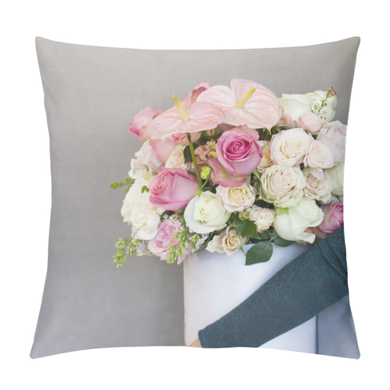 Personality  The Beautiful Bouquet Of Different Roses In White Box In Woman Hands Pillow Covers