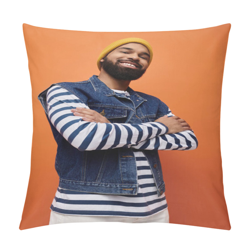 Personality  Handsome African American In Trendy Attire Against Vibrant Backdrop. Pillow Covers