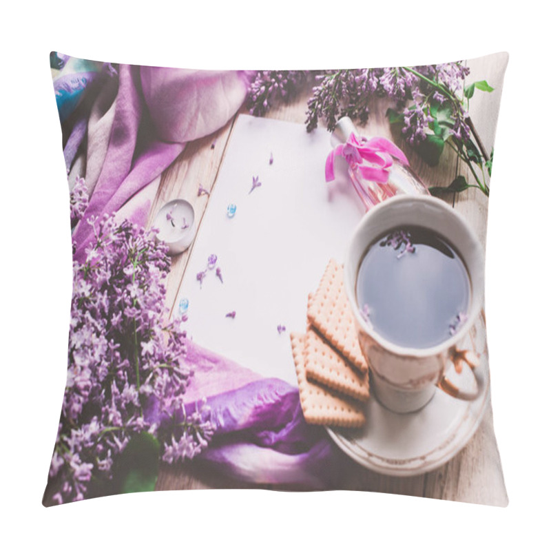 Personality  Morning Cup Of Tee, Cookies, And Lilac Flower On Wooden Table From Above. Beautiful Breakfast. Flat Lay Style With Copy Space Pillow Covers