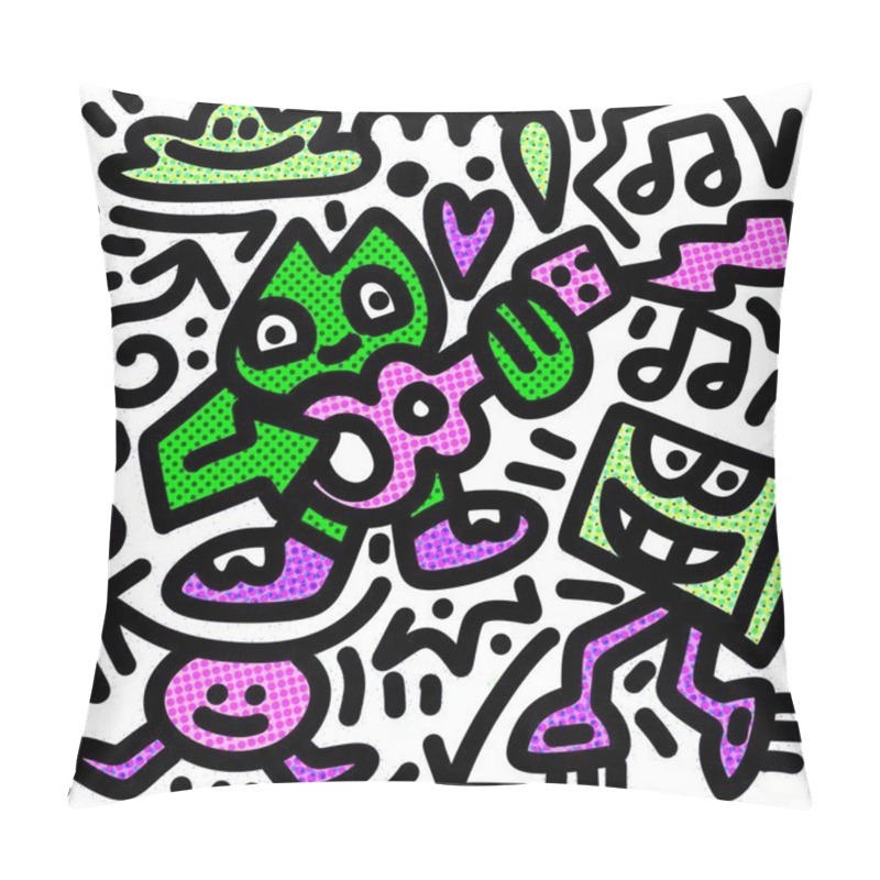 Personality  A Vibrant And Playful Illustration Of Abstract Cartoon Characters Playing Music, Featuring A Mix Of Colorful Shapes And Symbols, Enhanced With A Halftone Effect For A Retro Comic Vibe Pillow Covers