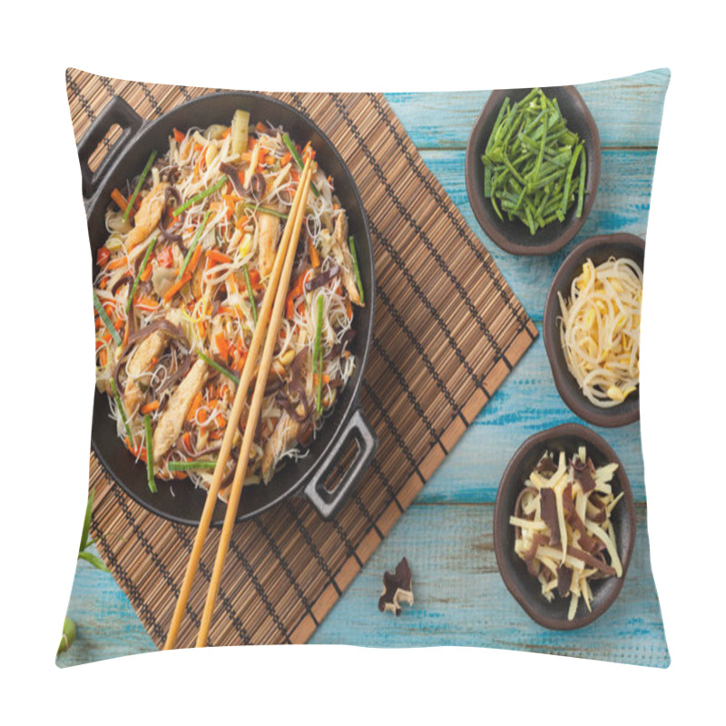 Personality  Rice Noodles With Chicken, Mushrooms Mun And Vegetables, Prepared In Wook. Top View. Pillow Covers