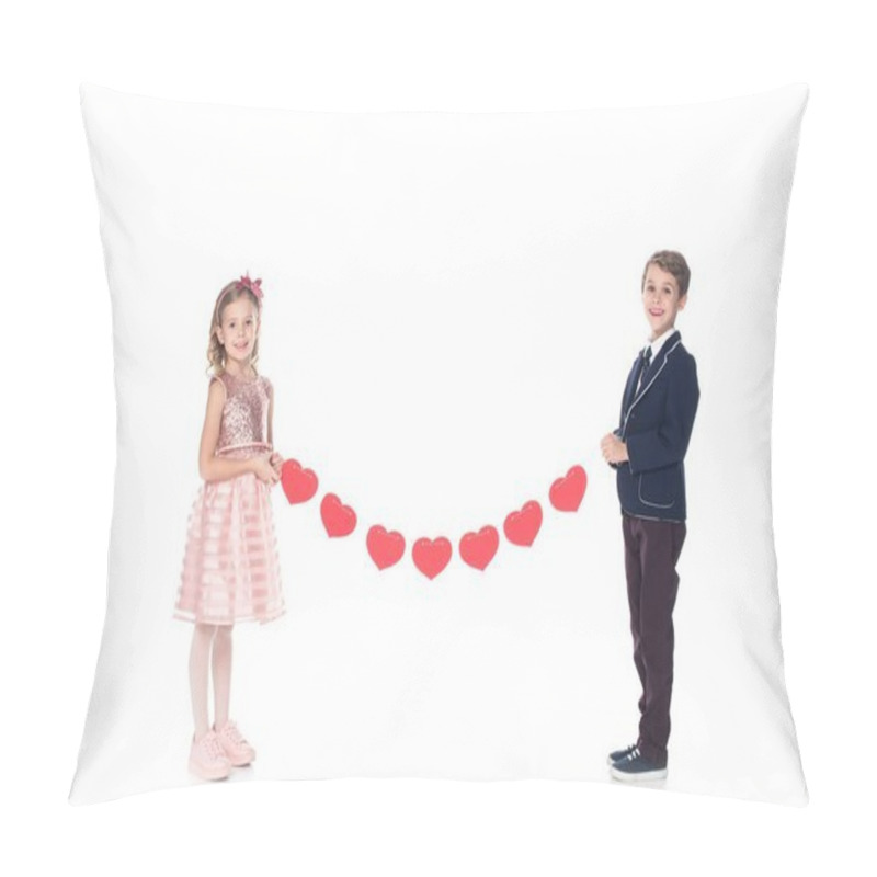 Personality  Adorable Happy Kids Holding Red Hearts And Smiling At Camera Isolated On White  Pillow Covers