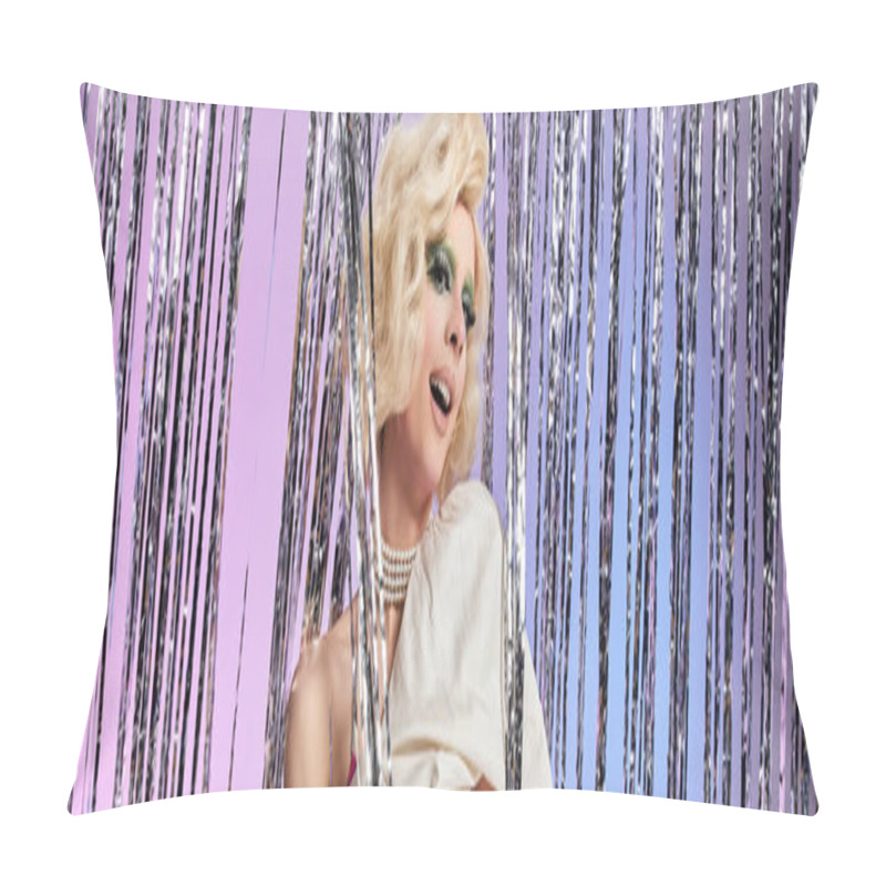 Personality  A Vibrant Drag Performer Showcases Lively Fashion And Charisma In An Enchanting Setting. Pillow Covers