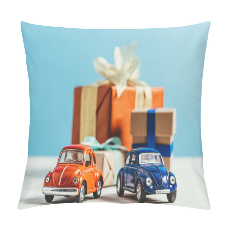 Personality  Close-up Shot Of Toy Cars With Christmas Gift Boxes On Blue Background Pillow Covers