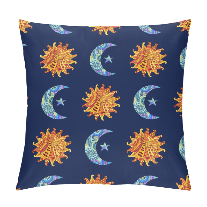 Personality  Seamless Pattern With Hand Drawn Sun, New Moon And Star. Illustration In Zentangle Style. Pillow Covers