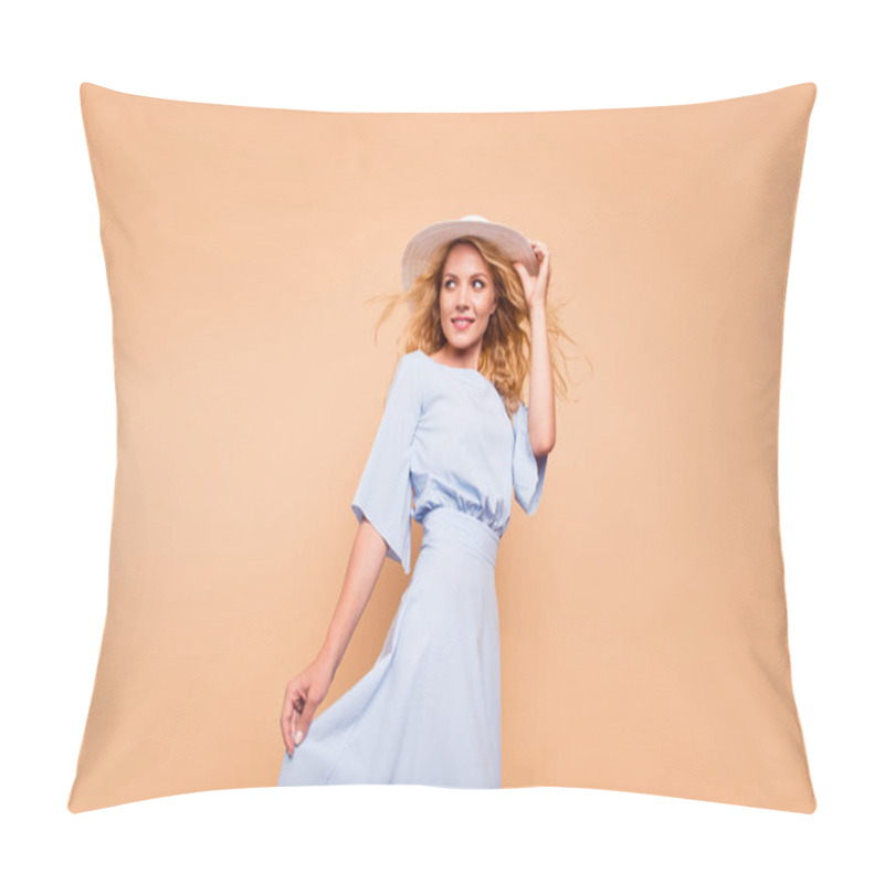 Personality  Every Woman Has Her Own Secret! Good Mood! Femininity People Person Concept. Studio Photo Portrait Of Stunning Pretty Nice Glad Pleases Adorable Delighted Looking Aside Isolated Ob Bright Background Pillow Covers