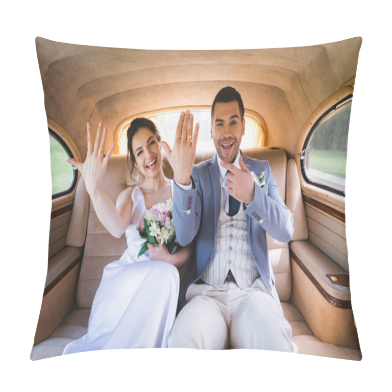 Personality  Cheerful Groom Pointing At Ring On Finger Near Bride In Retro Auto  Pillow Covers