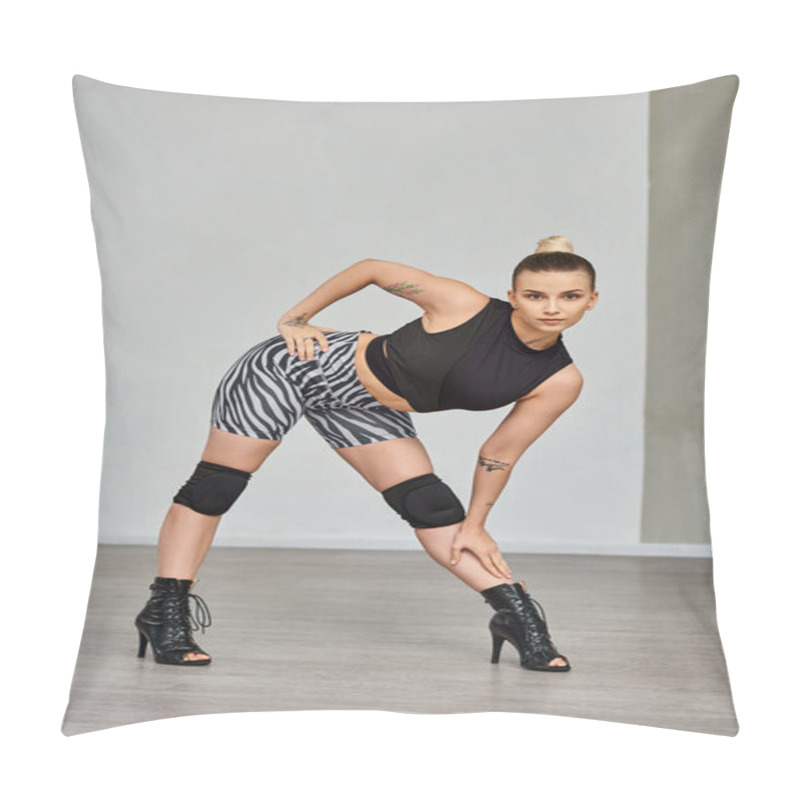 Personality  Graceful Dancer In Black Top And Knee Pads Stretches Body, Displaying Fusion Of Fashion And Dance Pillow Covers