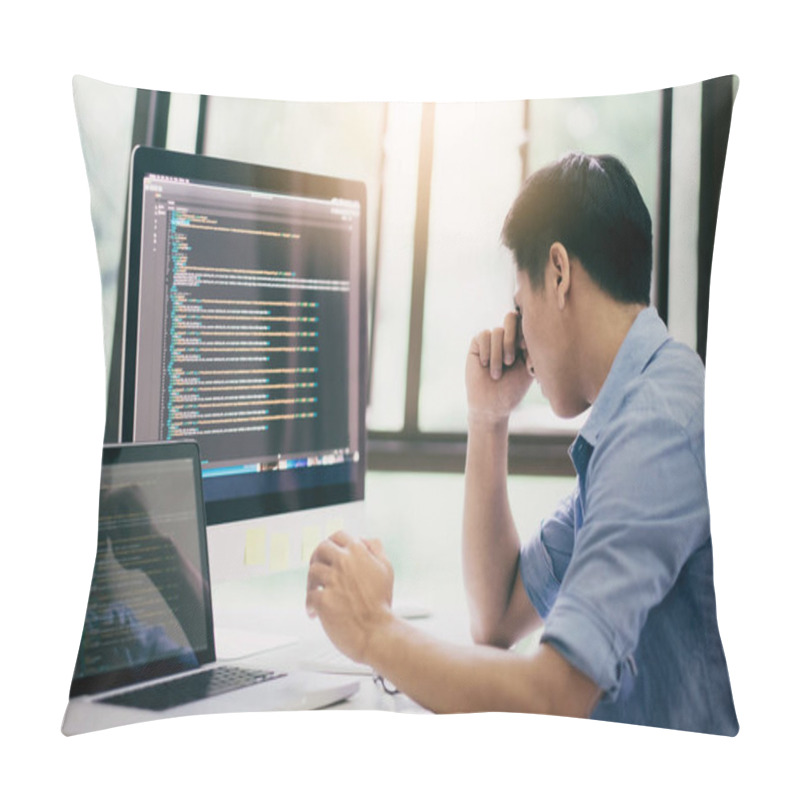 Personality  Stressed Young Programmer Or Software Developer  Having The Problems With Code Bug And Some Error Programming.  Pillow Covers