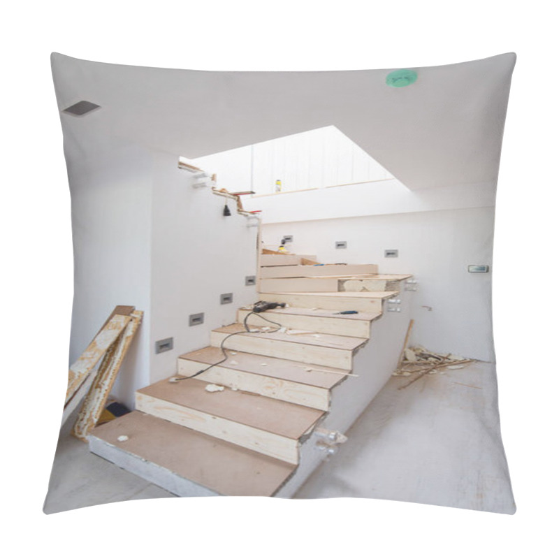 Personality  Work In Progress On Stylish Interior With Wooden Stairs In Big Modern Two Level Luxury Apartment Pillow Covers