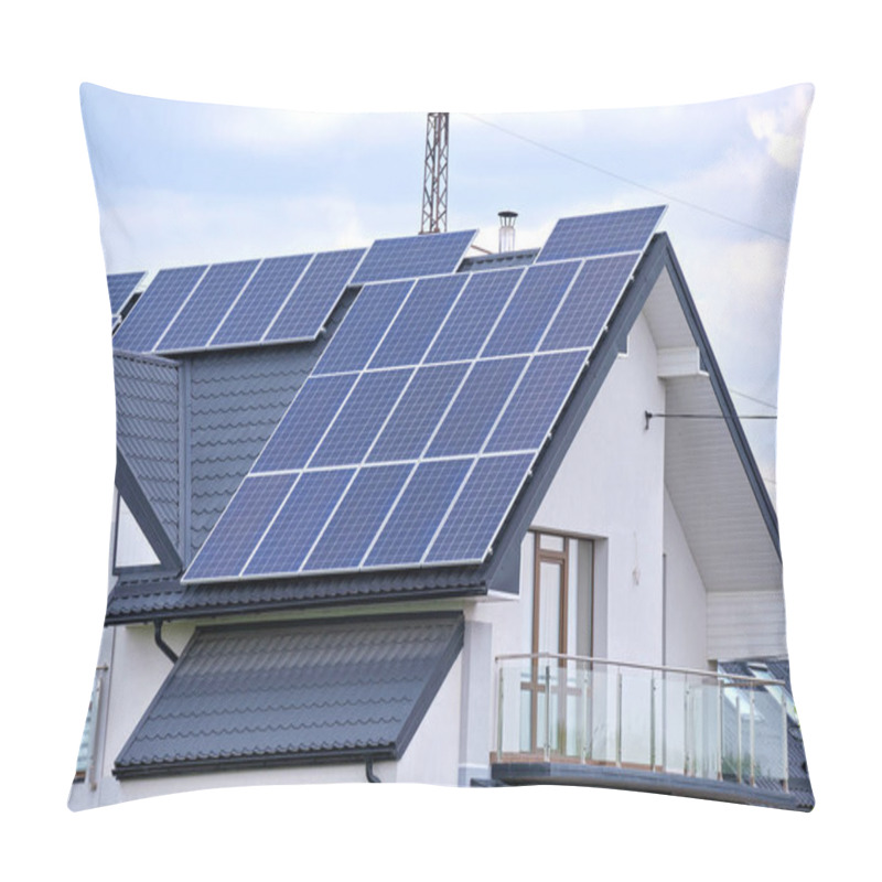 Personality  Residential House With Rooftop Covered With Solar Photovoltaic Panels For Producing Of Clean Ecological Electrical Energy In Suburban Rural Area. Concept Of Autonomous Home. Pillow Covers