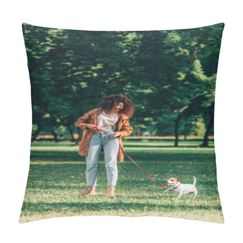 Personality  Selective Focus Of Woman In Raincoat Holding Leash Near Jack Russell Terrier On Glass In Park  Pillow Covers