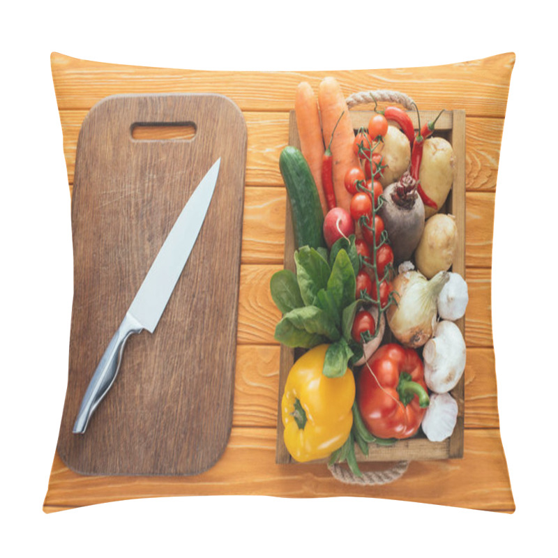 Personality  Top View Of Wooden Cutting Board With Knife And Fresh Raw Vegetables In Box On Table Top Pillow Covers