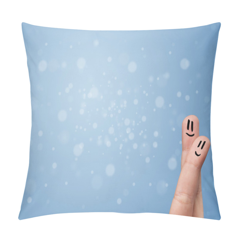 Personality  Happy Finger Smileys With Empty Blue Bokeh Background Pillow Covers