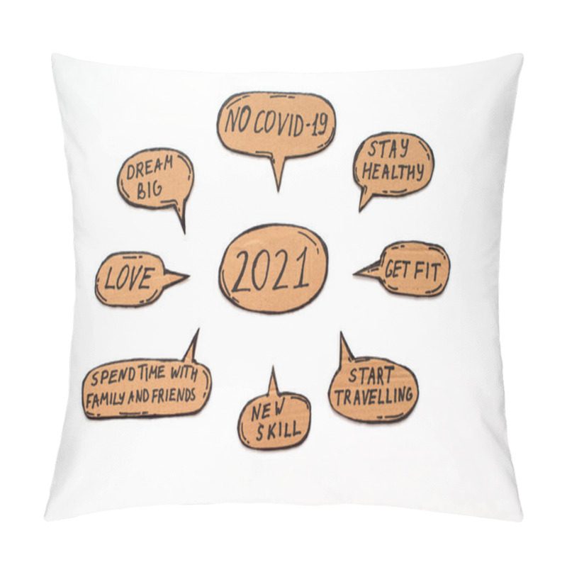 Personality  2021 New Year Wishes, Such As No Covid-19, Stay Healthy, Get Fit, Start Traveling, New Skill, Time With Family And Friends, Love, Dream Big Written On Cartoon Bubbles On Blue. Pillow Covers