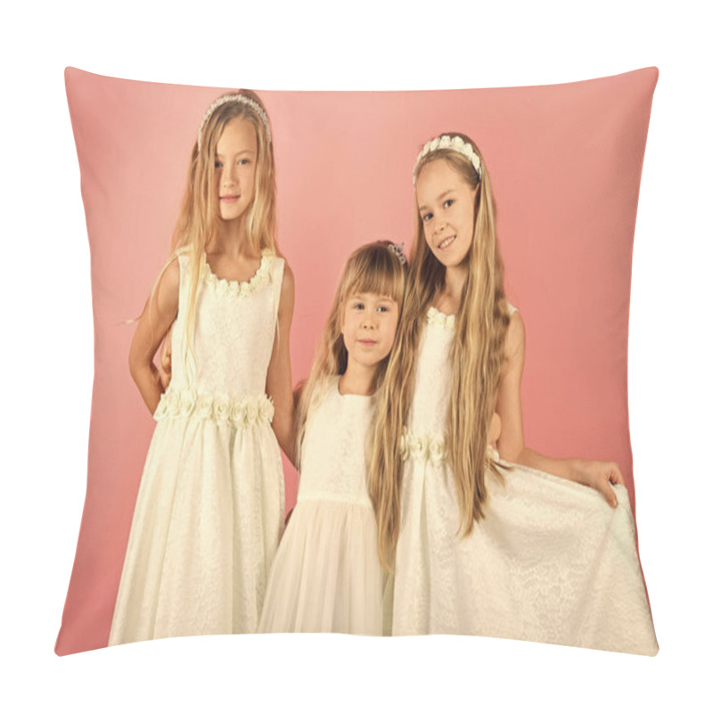 Personality  Group Of Happy Kids In Celebratory Clothes On Pink Background. Holidays, Christmas, New Year, Wedding, X-mas Concept. Pillow Covers