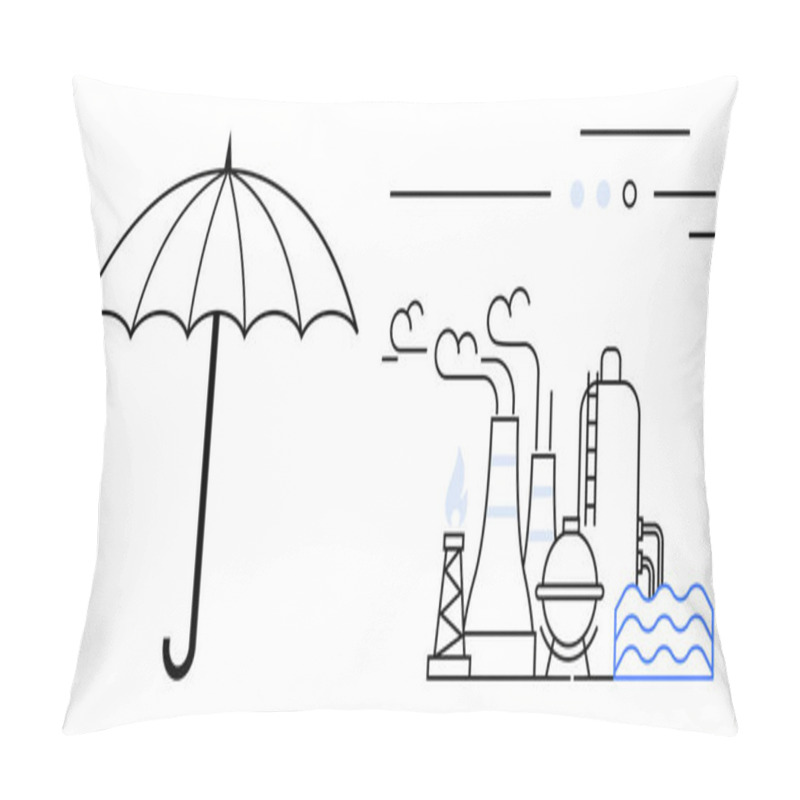 Personality  Umbrella Beside Industrial Factory With Chimneys Emitting Smoke And Water Waves. Ideal For Environmental Awareness, Pollution Control, Industrial Impact, Climate Change, Safety Measures Pillow Covers