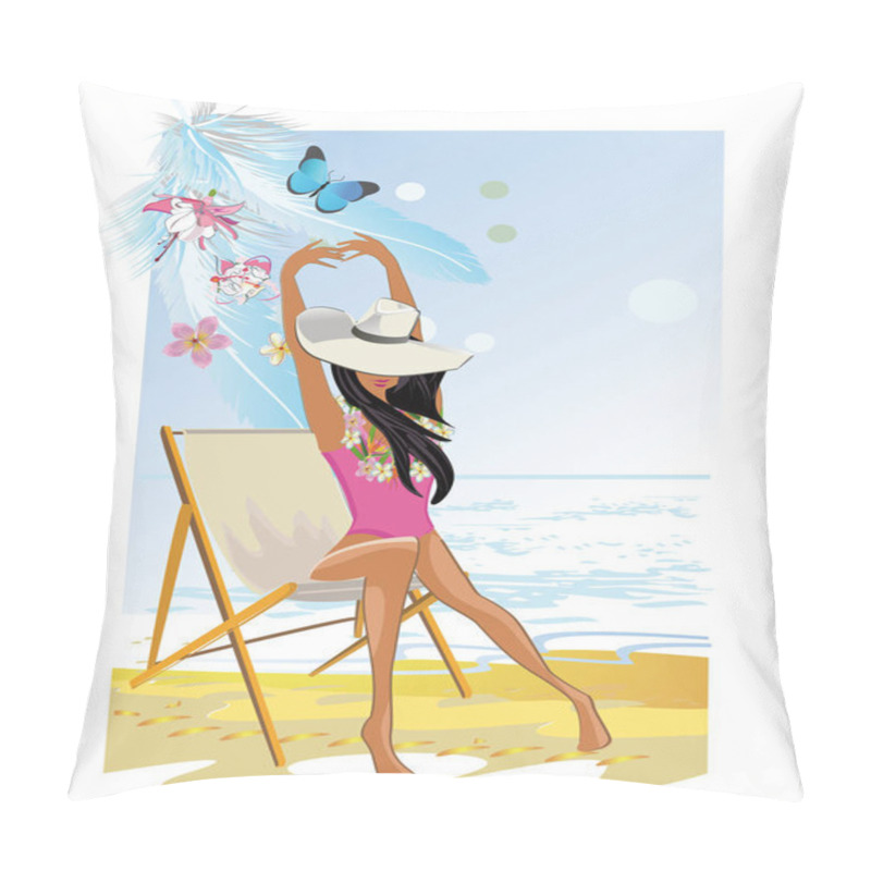 Personality  Fashion Girl On The Beach. Pillow Covers