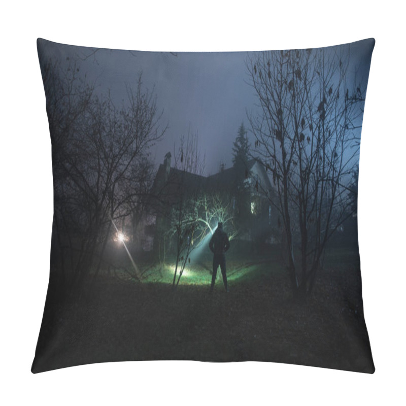 Personality  Old House With A Ghost In The Forest At Night Or Abandoned Haunted Horror House In Fog. Old Mystic Building In Dead Tree Forest. Trees At Night With Moon. Surreal Lights. Horror Halloween Concept Pillow Covers