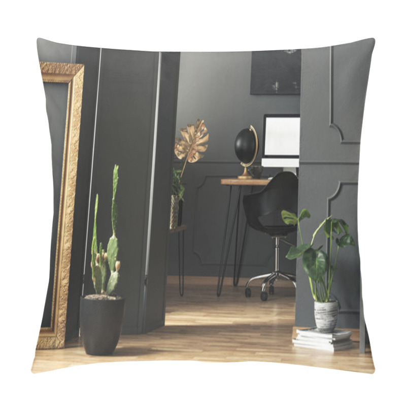 Personality  Gold Frame Next To Cactus In Grey Home Office Interior With Mockup Of Desktop Computer. Real Photo Pillow Covers