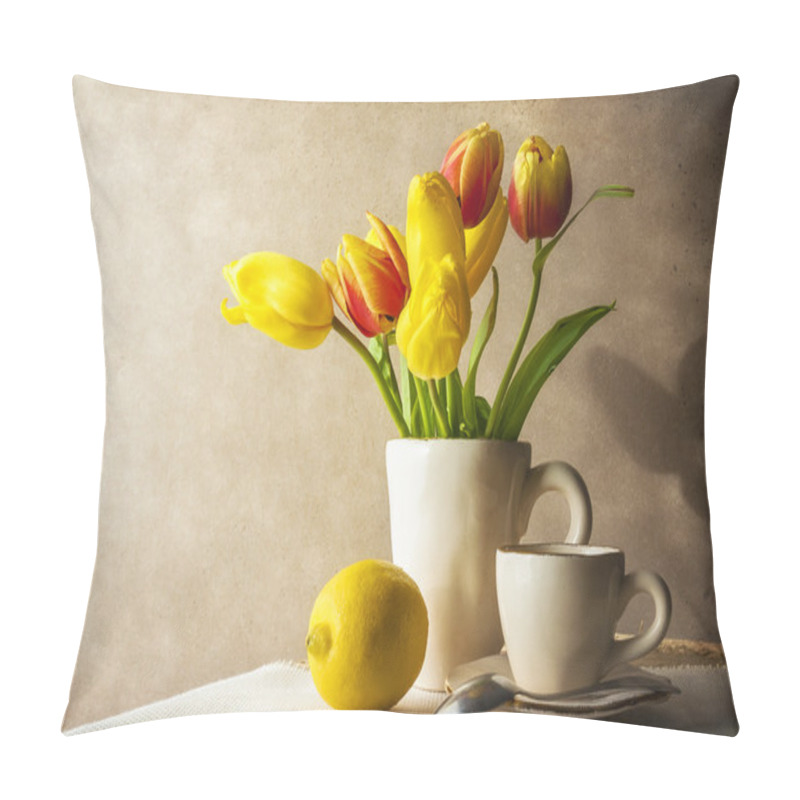 Personality  Still Life Bouquet Yellow Tulips Cup Of Tea Pillow Covers