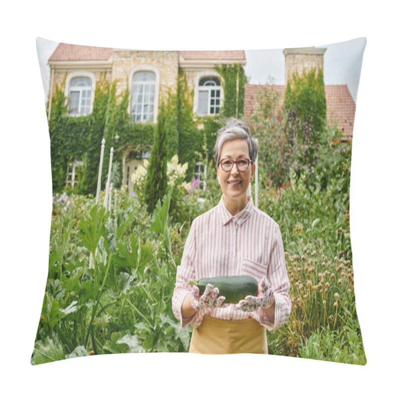 Personality  Beautiful Jolly Mature Woman In Casual Attire Holding Fresh Zucchini In Garden And Smiling At Camera Pillow Covers